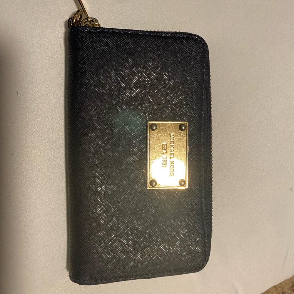 Michael Kors Black Zip-Around Wallet with Gold Plate